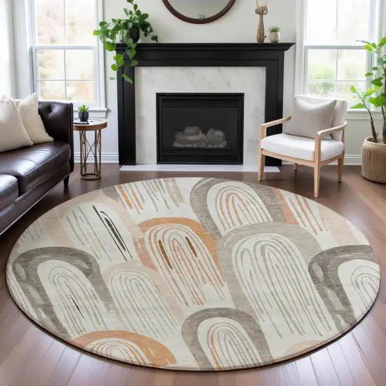8' X 8' Ivory Peach And Taupe Geometric Washable Round Rug With UV Protection Photo 4