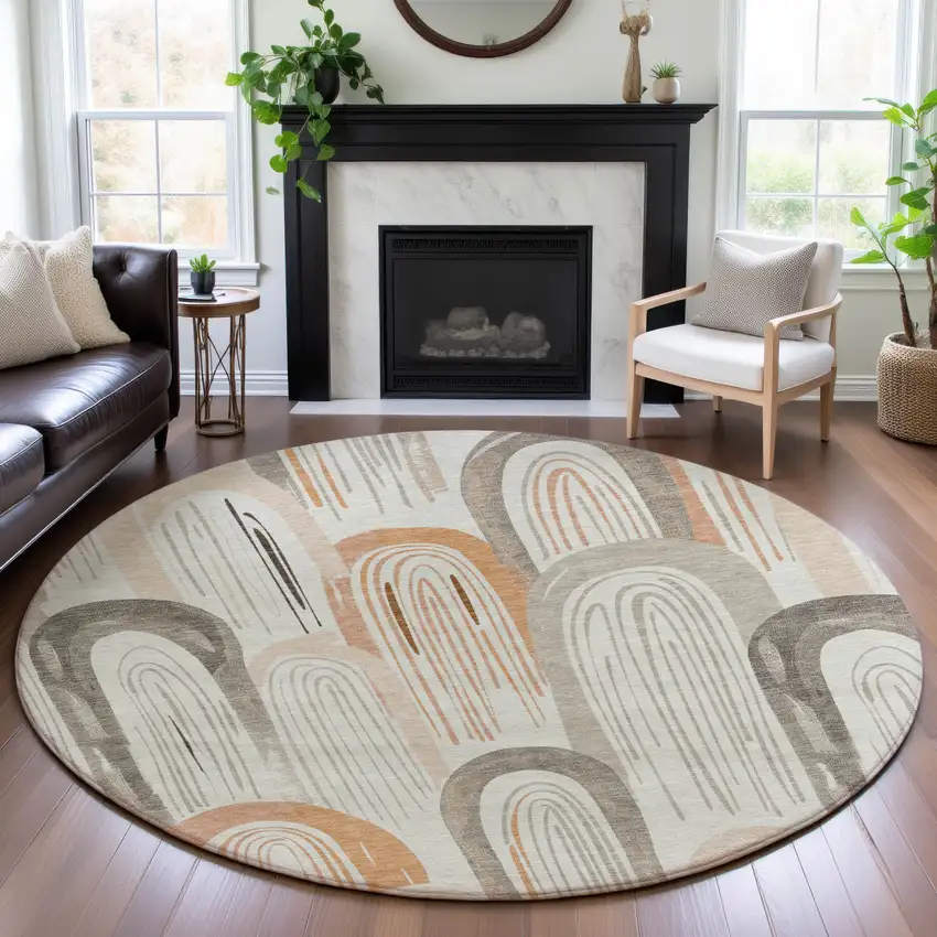 8' X 8' Ivory Peach And Taupe Geometric Washable Round Rug With UV Protection Photo 4