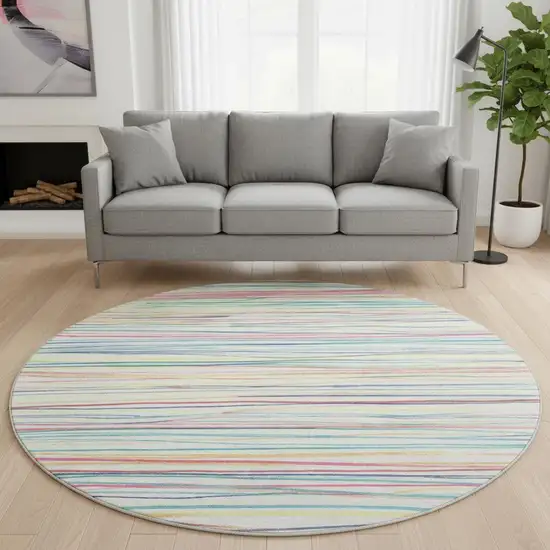 8' X 8' Ivory Red Yellow And Green Striped Washable Round Rug With UV Protection Photo 2