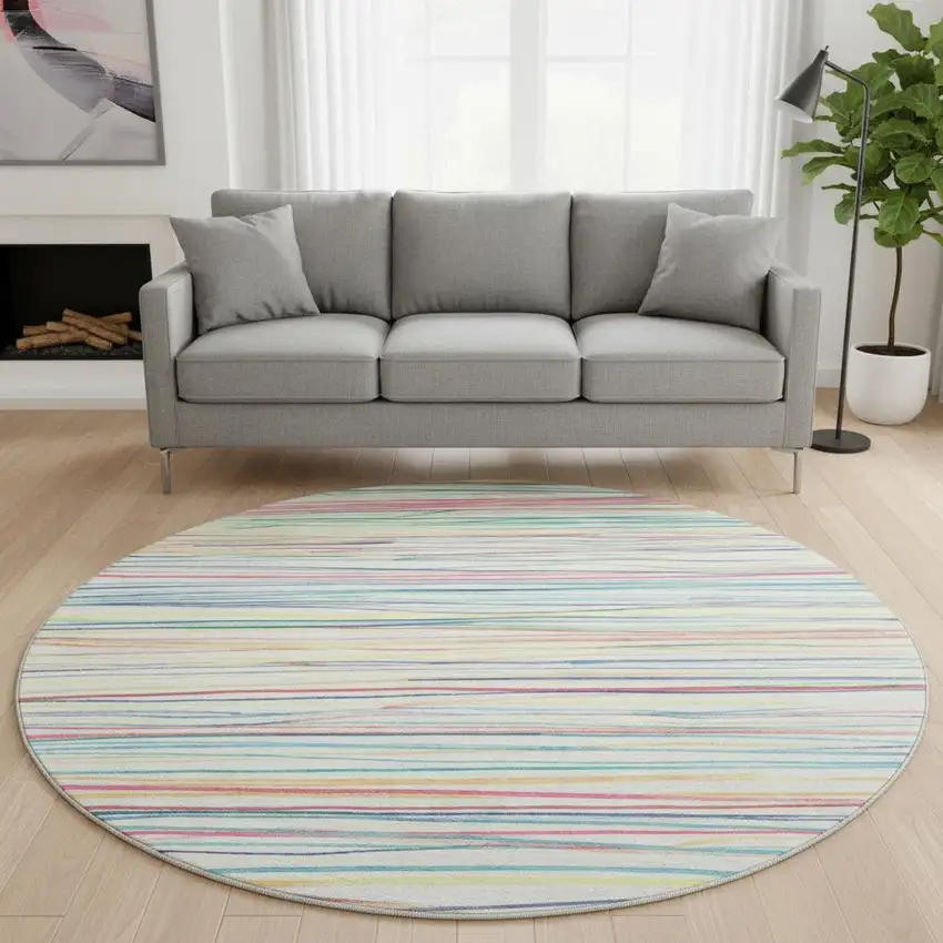 8' X 8' Ivory Red Yellow And Green Striped Washable Round Rug With UV Protection Photo 2
