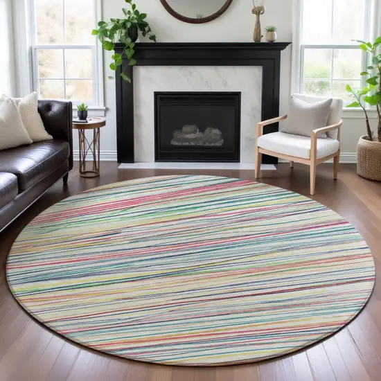 8' X 8' Ivory Red Yellow And Green Striped Washable Round Rug With UV Protection Photo 4