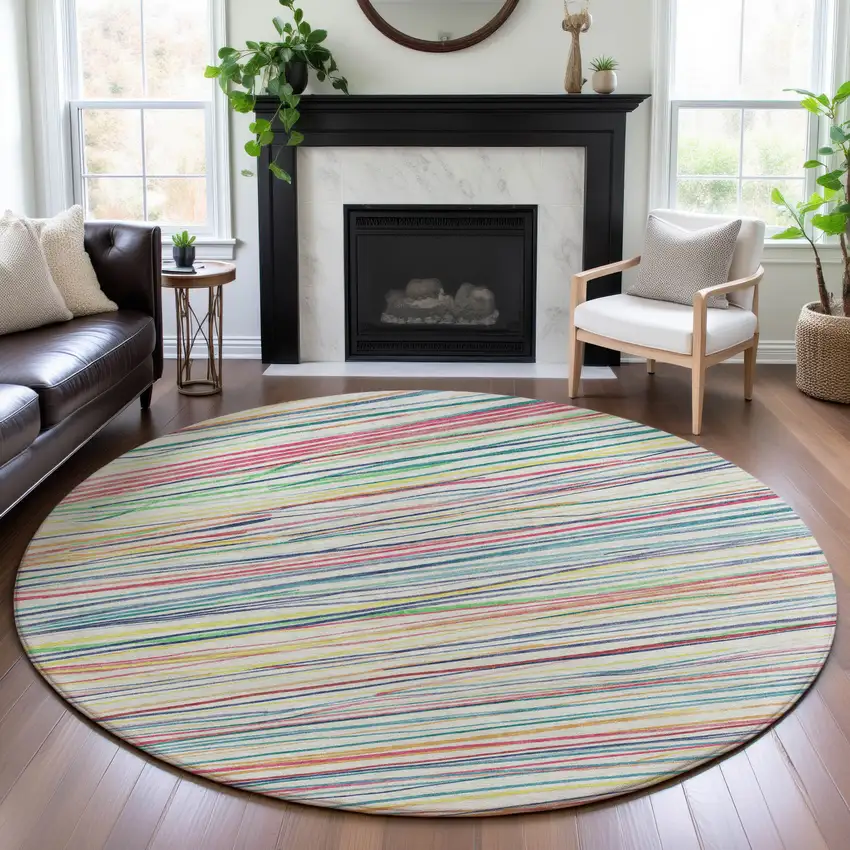 8' X 8' Ivory Red Yellow And Green Striped Washable Round Rug With UV Protection Photo 4