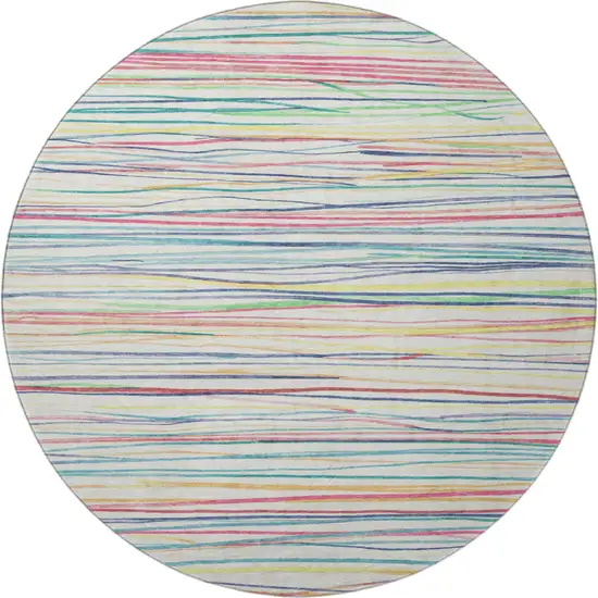 8' X 8' Ivory Red Yellow And Green Striped Washable Round Rug With UV Protection Photo 3