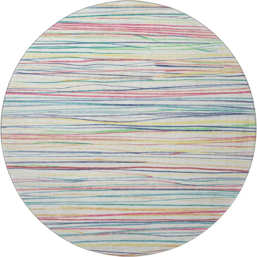 8' X 8' Ivory Red Yellow And Green Striped Washable Round Rug With UV Protection Photo 3
