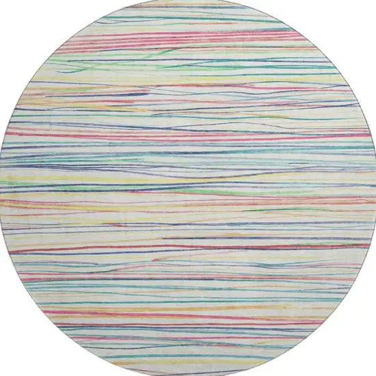 8' X 8' Ivory Red Yellow And Green Striped Washable Round Rug With UV Protection Photo 2
