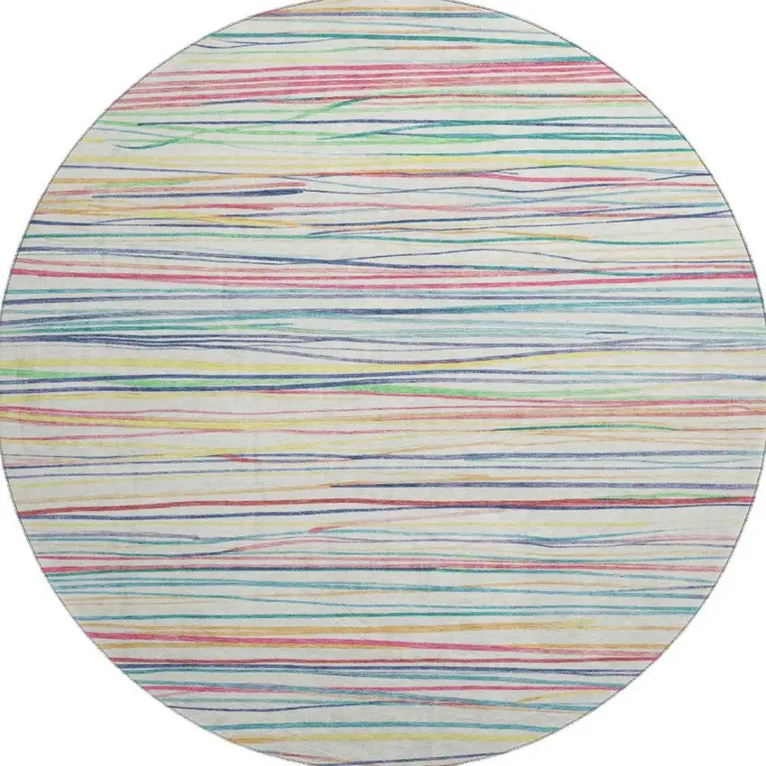 8' X 8' Ivory Red Yellow And Green Striped Washable Round Rug With UV Protection Photo 2