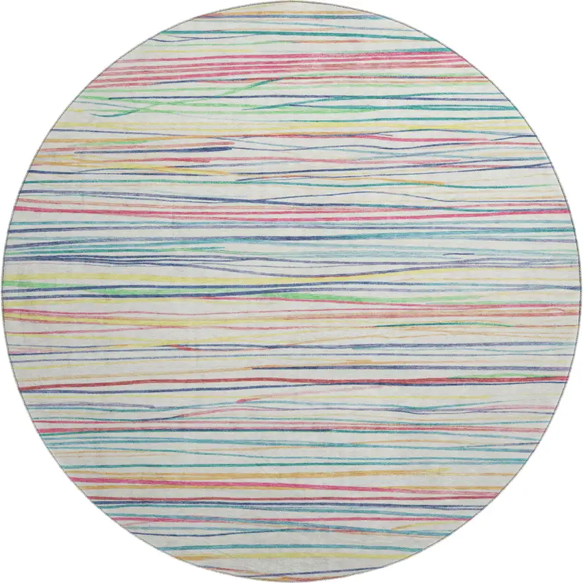 8' X 8' Ivory Red Yellow And Green Striped Washable Round Rug With UV Protection Photo 1