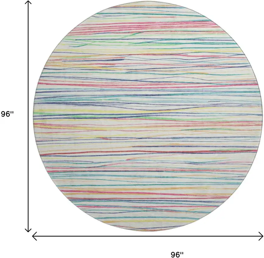 8' X 8' Ivory Red Yellow And Green Striped Washable Round Rug With UV Protection Photo 9