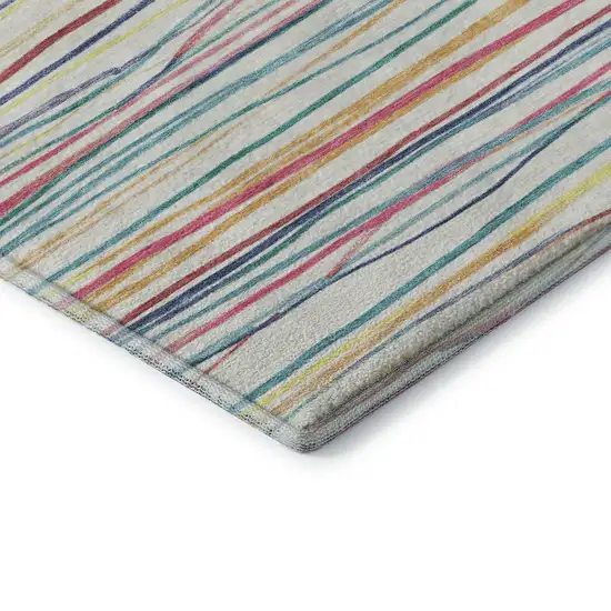 8' X 8' Ivory Red Yellow And Green Striped Washable Round Rug With UV Protection Photo 6