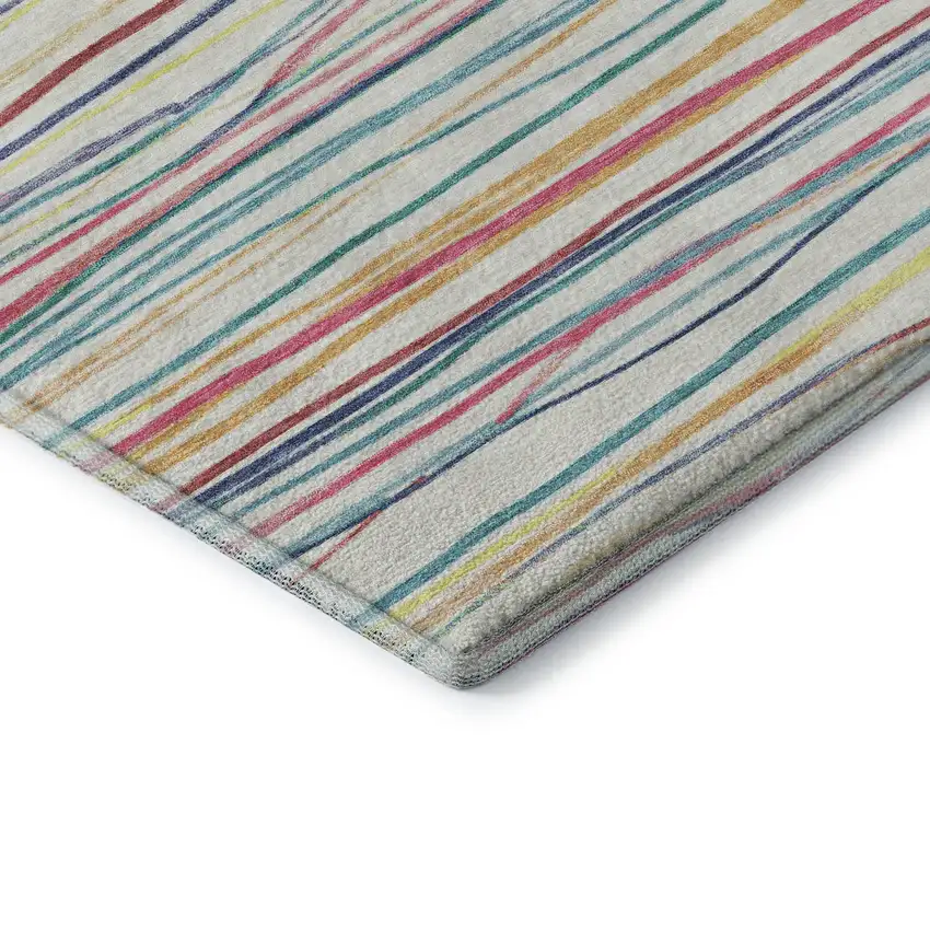 8' X 8' Ivory Red Yellow And Green Striped Washable Round Rug With UV Protection Photo 6