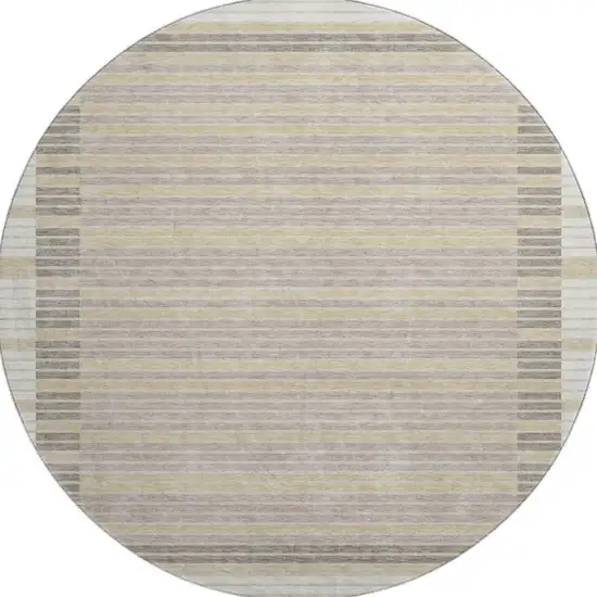 8' X 8' Ivory Tan And Taupe Striped Washable Round Rug With UV Protection Photo 3