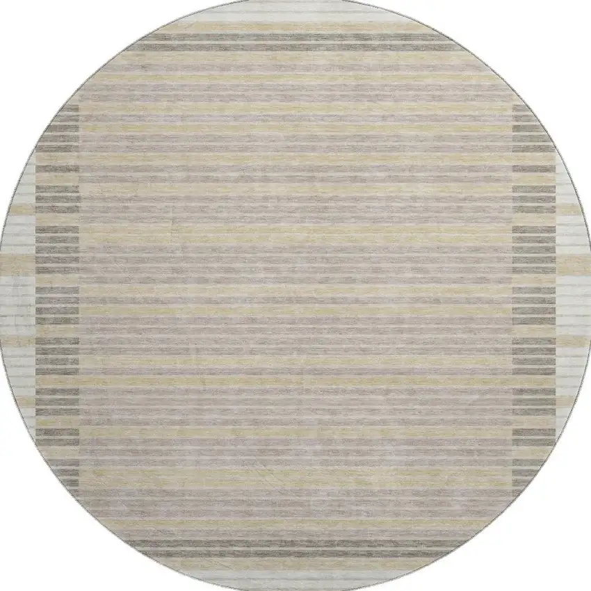 8' X 8' Ivory Tan And Taupe Striped Washable Round Rug With UV Protection Photo 3