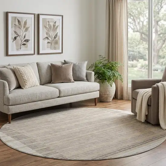 8' X 8' Ivory Tan And Taupe Striped Washable Round Rug With UV Protection Photo 1