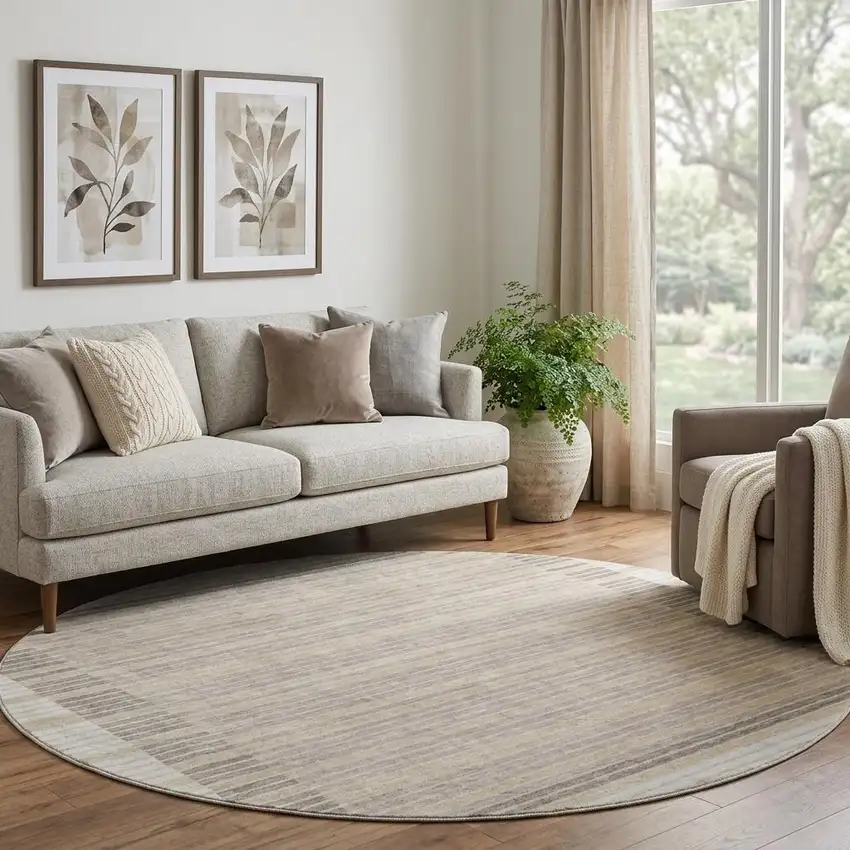 8' X 8' Ivory Tan And Taupe Striped Washable Round Rug With UV Protection Photo 1