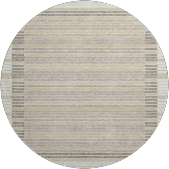 8' X 8' Ivory Tan And Taupe Striped Washable Round Rug With UV Protection Photo 1