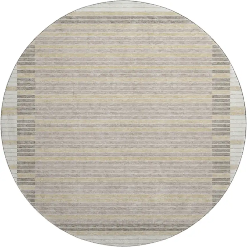 8' X 8' Ivory Tan And Taupe Striped Washable Round Rug With UV Protection Photo 1