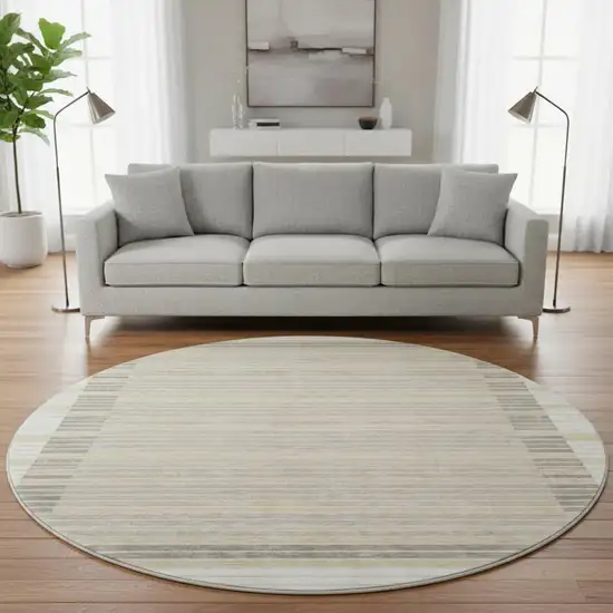 8' X 8' Ivory Tan And Taupe Striped Washable Round Rug With UV Protection Photo 2