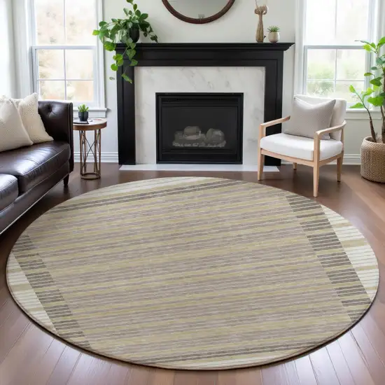 8' X 8' Ivory Tan And Taupe Striped Washable Round Rug With UV Protection Photo 4