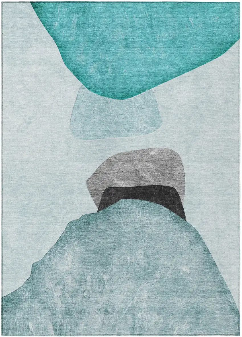 3' X 4' Ivory Teal and Gray Abstract Washable Non Skid Indoor Outdoor Area Rug Photo 2