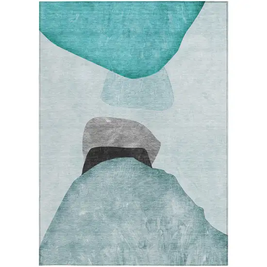 Ivory Teal and Gray Abstract Washable Non Skid Indoor Outdoor Area Rug Photo 3
