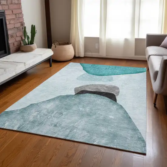 Ivory Teal and Gray Abstract Washable Non Skid Indoor Outdoor Area Rug Photo 9