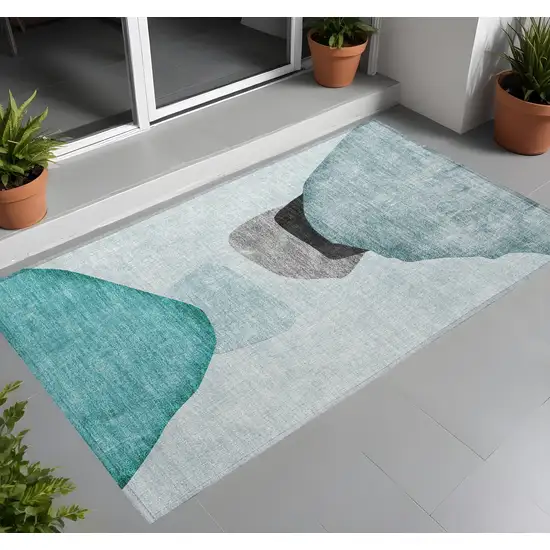 Ivory Teal and Gray Abstract Washable Non Skid Indoor Outdoor Area Rug Photo 1