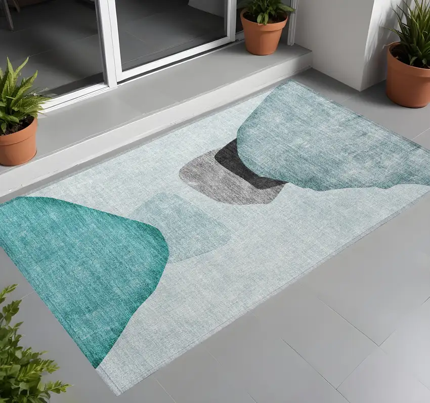 Ivory Teal and Gray Abstract Washable Non Skid Indoor Outdoor Area Rug Photo 1