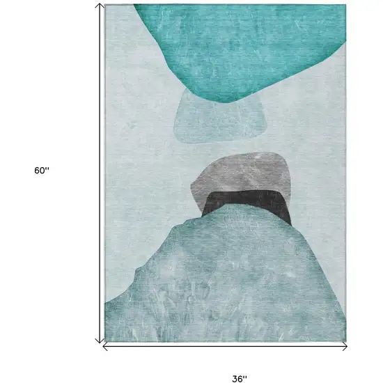 Ivory Teal and Gray Abstract Washable Non Skid Indoor Outdoor Area Rug Photo 7