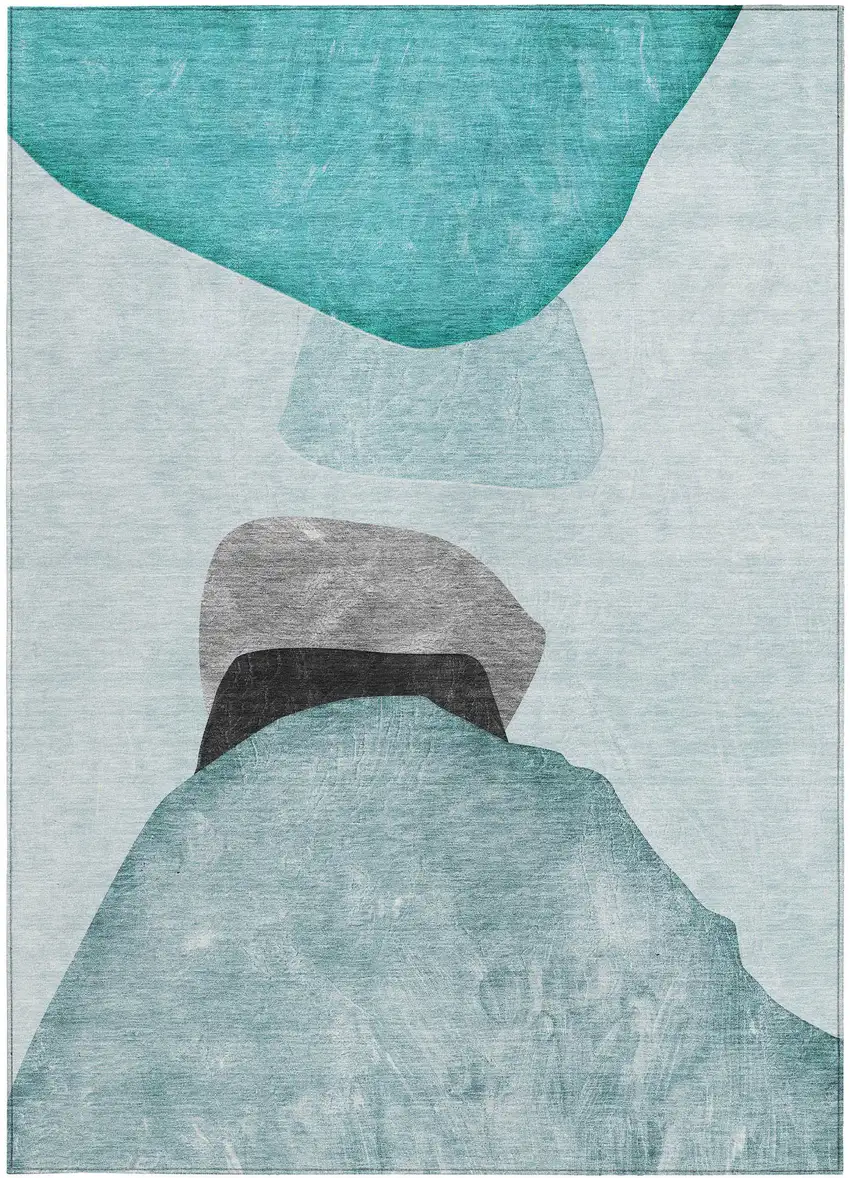 3' X 5' Ivory Teal and Gray Abstract Washable Non Skid Indoor Outdoor Area Rug Photo 4