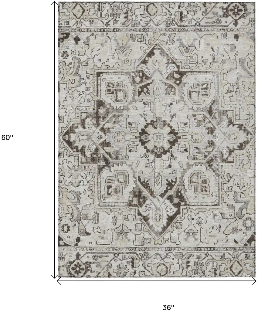 3' X 5' Ivory and Dark Brown Oriental Washable Non Skid Indoor Outdoor Area Rug Photo 3