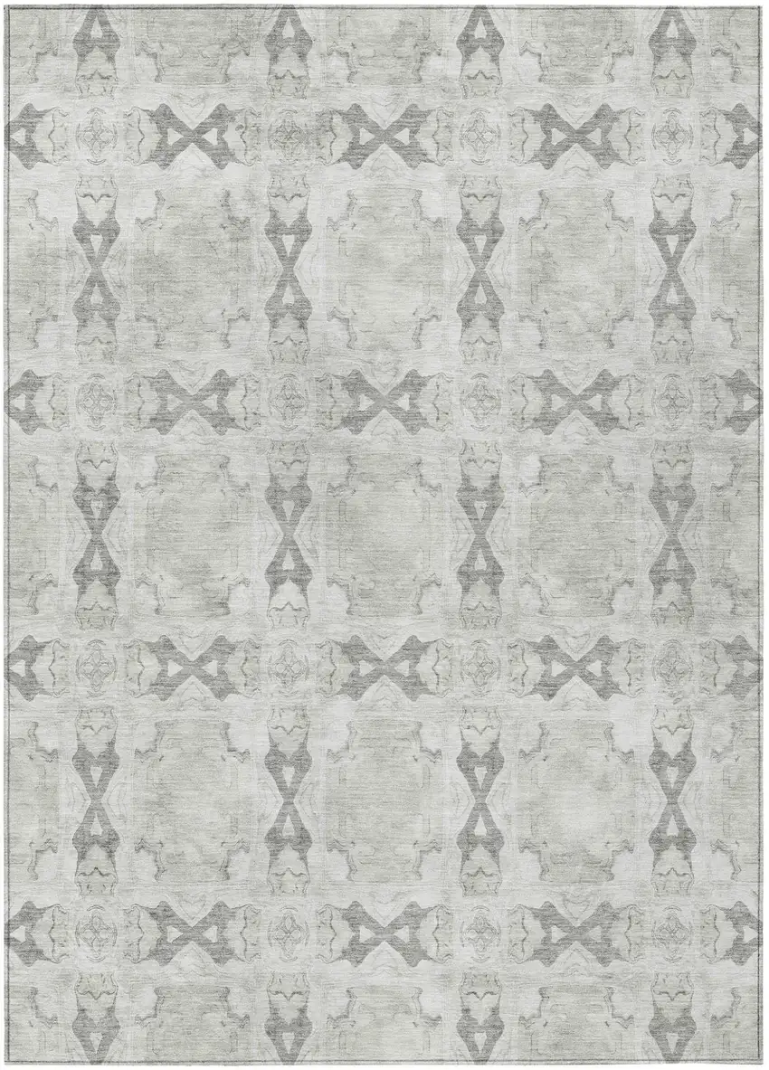 Ivory and Gray Floral Medallion Washable Non Skid Indoor Outdoor Area Rug Photo 2