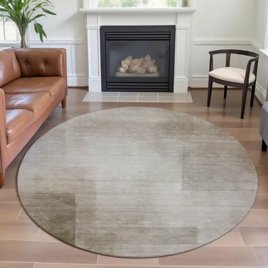 8' X 8' Khaki And Ivory Geometric Washable Round Rug With UV Protection Photo 4