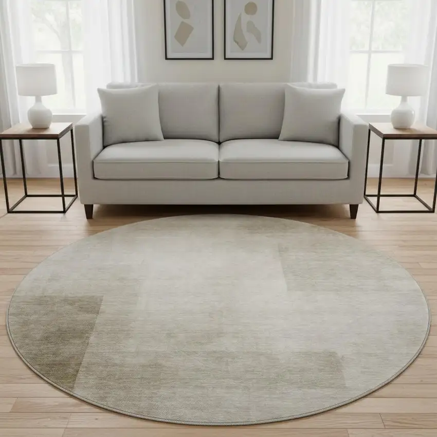 8' X 8' Khaki And Ivory Geometric Washable Round Rug With UV Protection Photo 2