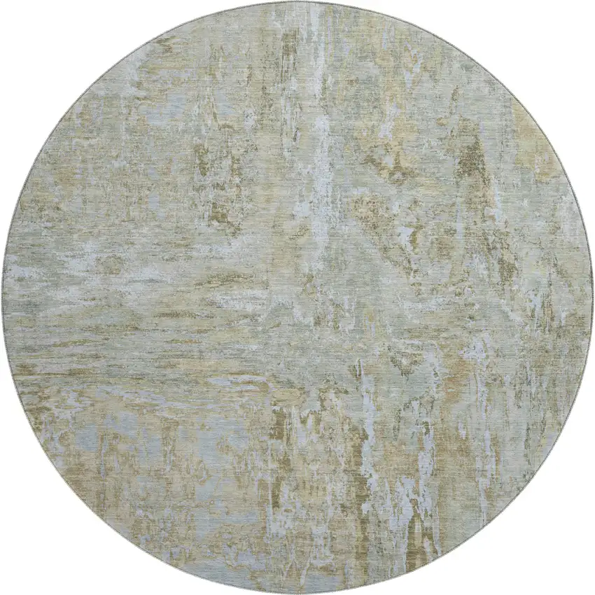 8' X 8' Khaki And Silver Abstract Washable Round Rug With UV Protection Photo 1