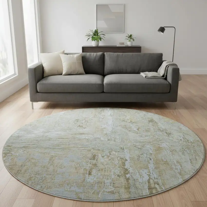 8' X 8' Khaki And Silver Abstract Washable Round Rug With UV Protection Photo 2