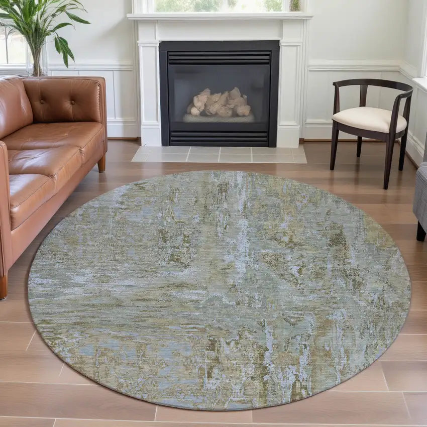 8' X 8' Khaki And Silver Abstract Washable Round Rug With UV Protection Photo 4