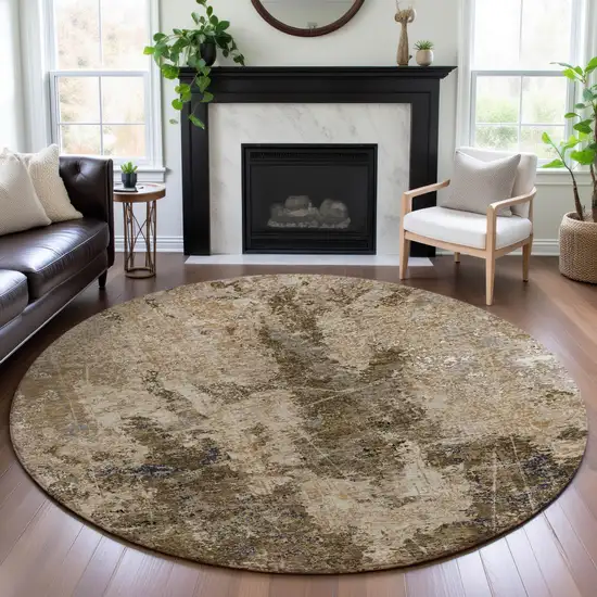 8' X 8' Khaki Beige And Charcoal Abstract Washable Round Rug With UV Protection Photo 4