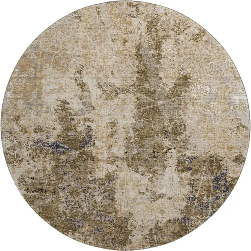 8' X 8' Khaki Beige And Charcoal Abstract Washable Round Rug With UV Protection Photo 1