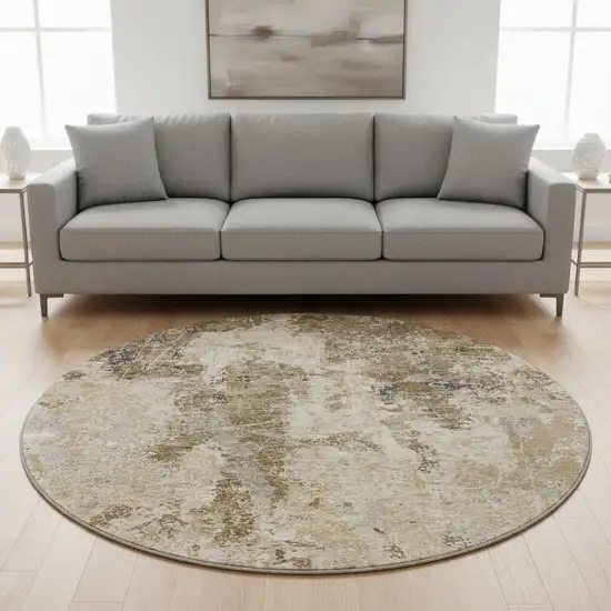 8' X 8' Khaki Beige And Charcoal Abstract Washable Round Rug With UV Protection Photo 2