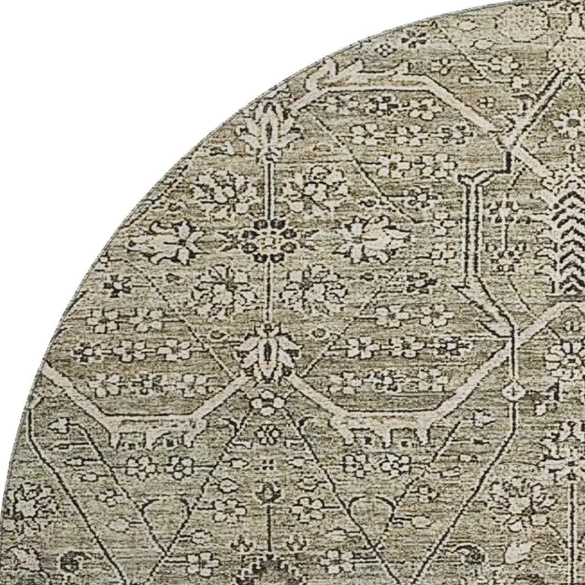 8' X 8' Khaki Beige And Gray Floral Washable Round Rug With UV Protection Photo 3