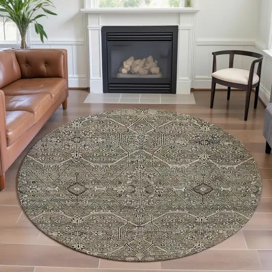 8' X 8' Khaki Beige And Gray Floral Washable Round Rug With UV Protection Photo 4