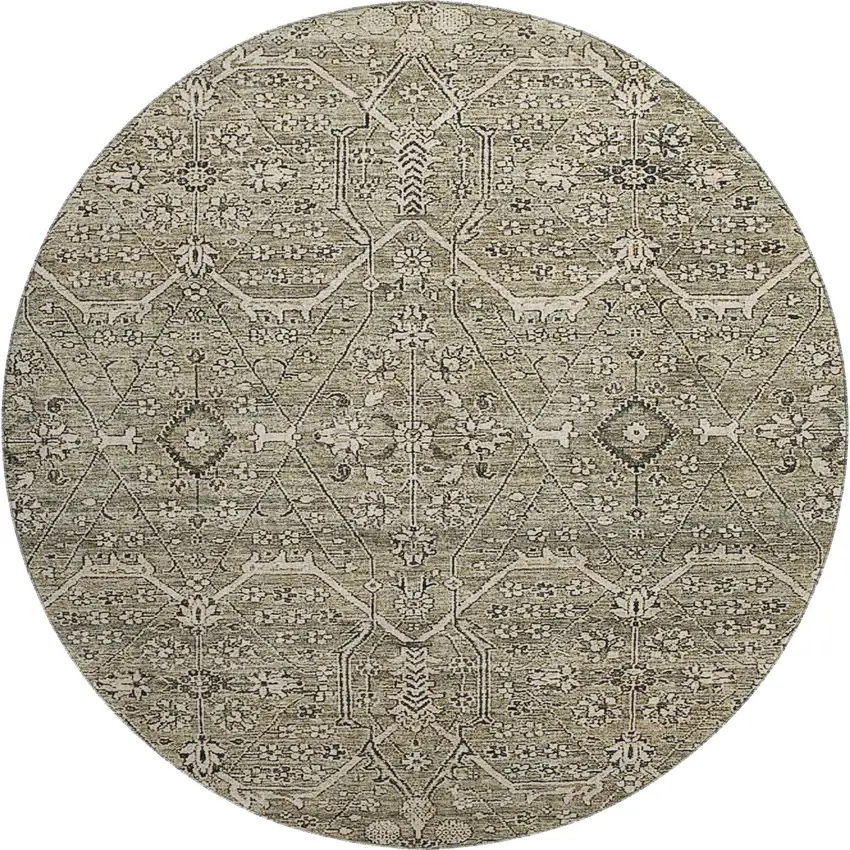 8' X 8' Khaki Beige And Gray Floral Washable Round Rug With UV Protection Photo 1