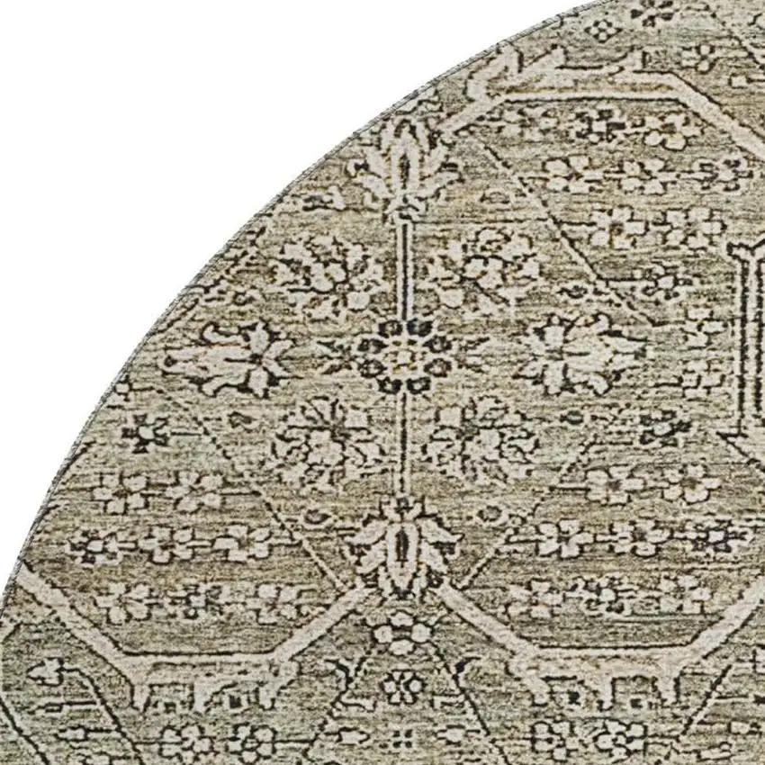 8' X 8' Khaki Beige And Gray Floral Washable Round Rug With UV Protection Photo 2