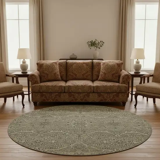 8' X 8' Khaki Beige And Gray Floral Washable Round Rug With UV Protection Photo 2