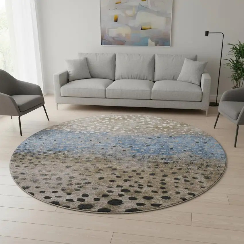8' X 8' Khaki Blue And Ivory Polka Dot Washable Round Rug With UV Protection Photo 2