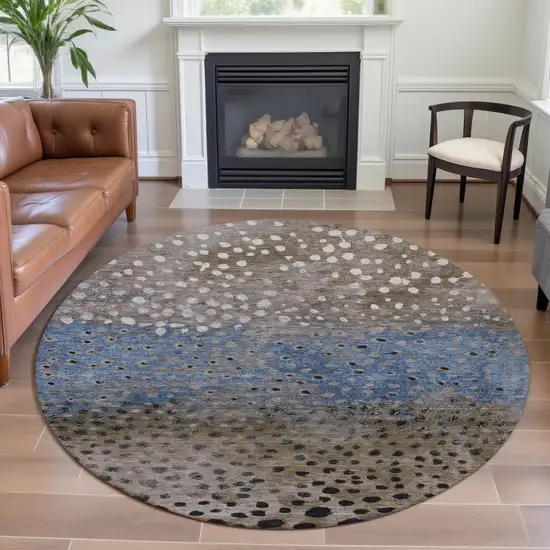 8' X 8' Khaki Blue And Ivory Polka Dot Washable Round Rug With UV Protection Photo 4