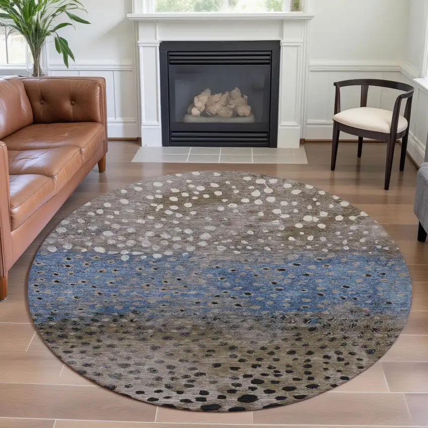 8' X 8' Khaki Blue And Ivory Polka Dot Washable Round Rug With UV Protection Photo 4