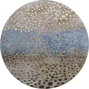 Photo of 8' X 8' Khaki Blue And Ivory Polka Dot Washable Round Rug With UV Protection