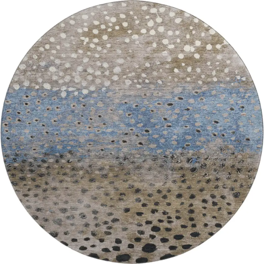 8' X 8' Khaki Blue And Ivory Polka Dot Washable Round Rug With UV Protection Photo 1
