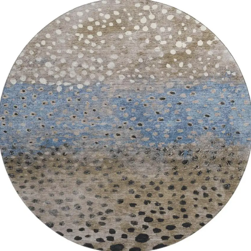 8' X 8' Khaki Blue And Ivory Polka Dot Washable Round Rug With UV Protection Photo 3